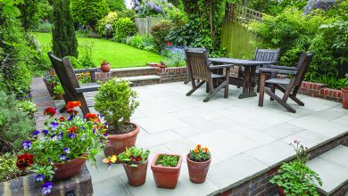 A beautiful backyard patio arranged with decor ideas from home shows in Durham.